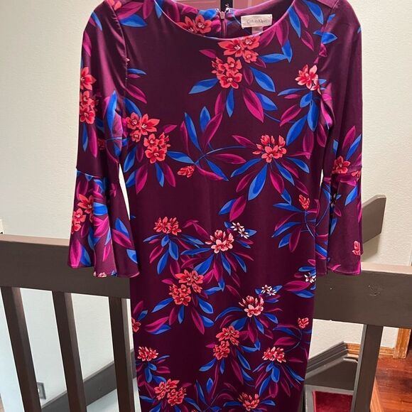 EUC Calvin Klein Floral Purple Dress 3/4 Bell Sleeves Size 4 #125 - Picture 2 of 7